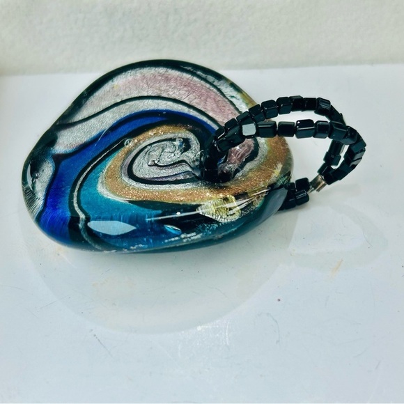 Vintage Cobalt Blue Fused Foil Art Glass Swirl Hand Blown Vortex Beaded Pendant - Picture 4 of 8